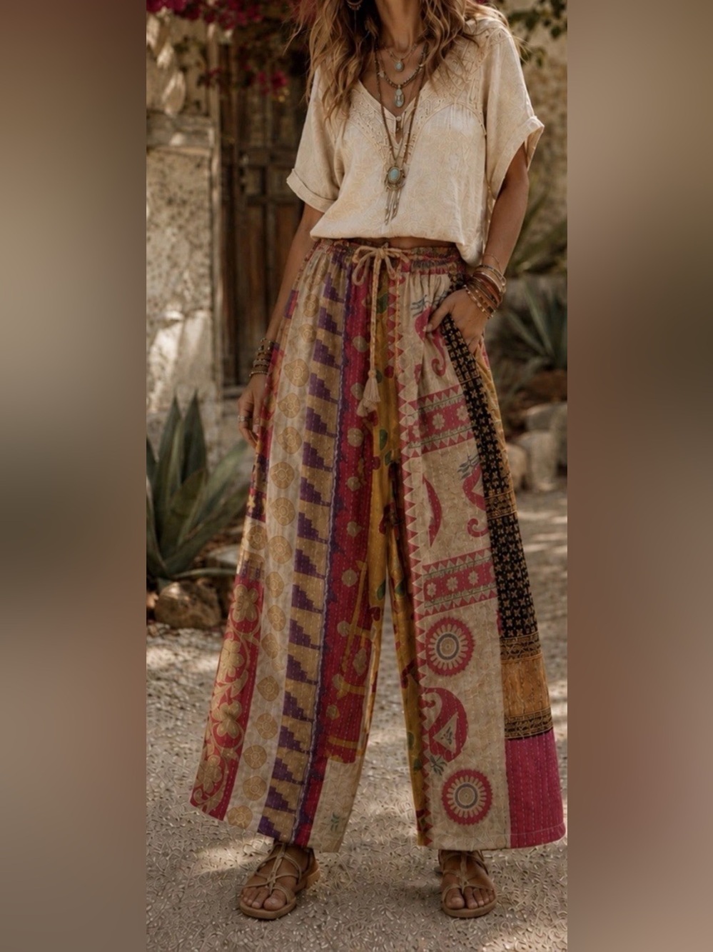 H008 NWT Kathmandu M/L w13-20 Multicolor Patchwork Wide-Leg Pants
